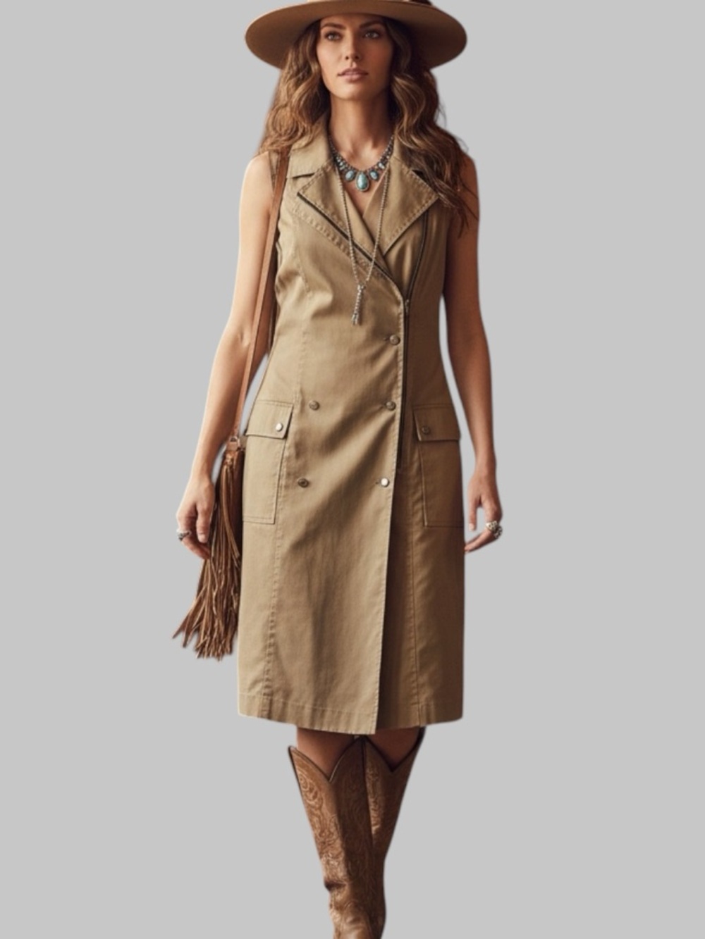 Rock & Roll Sleeveless Trench Dress Full Zip Snaps Neutral Safari Cowgirl Size M